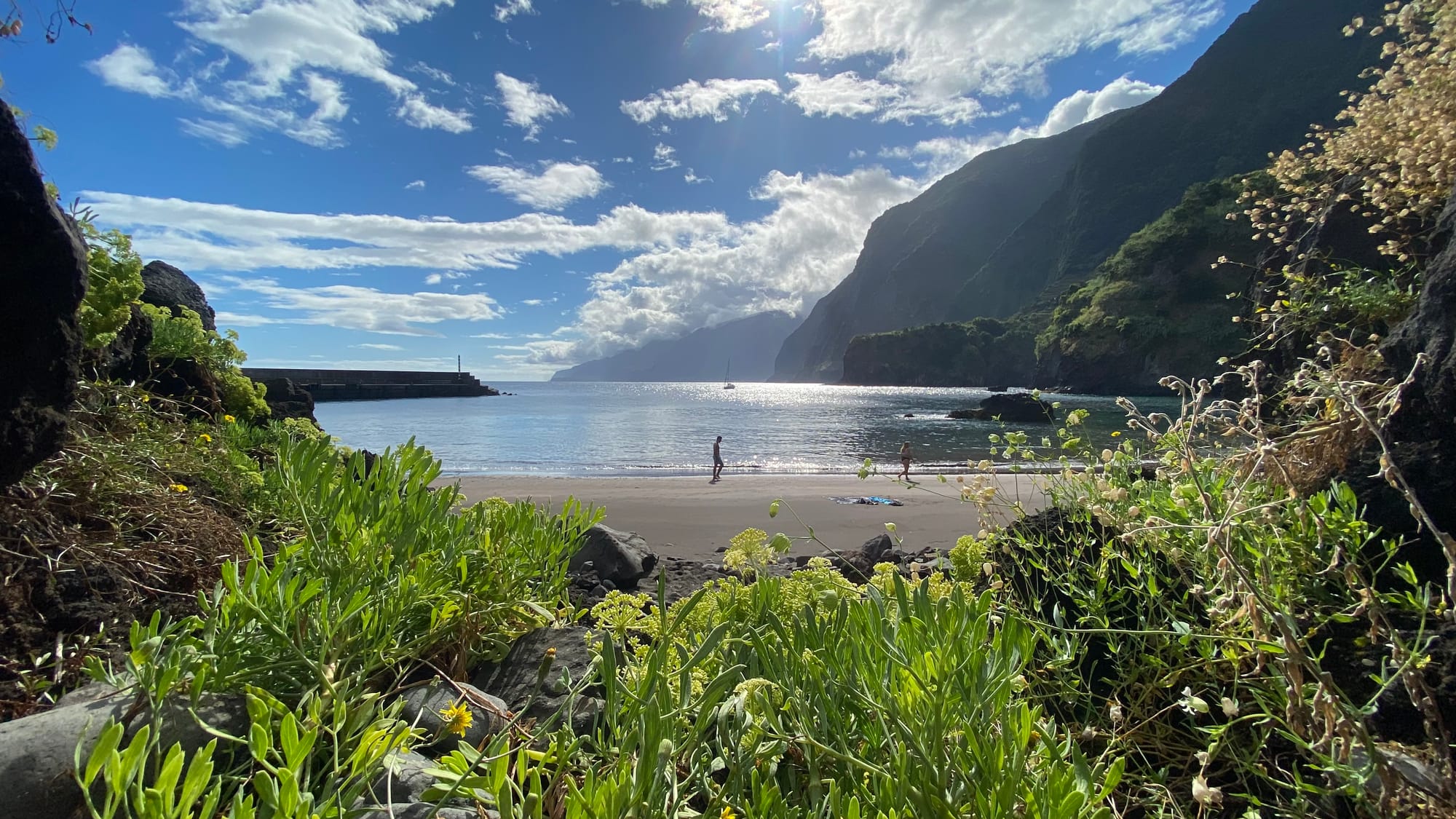 Seixal's black-sand beach and harbour beneath the cliffs of Madeira's north coast